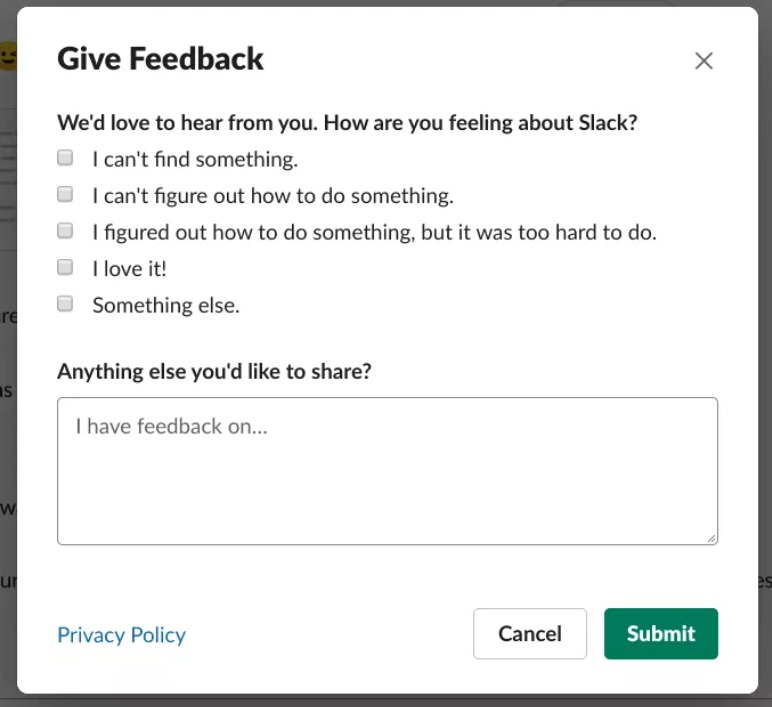 user feedback examples, slack in-app surveys