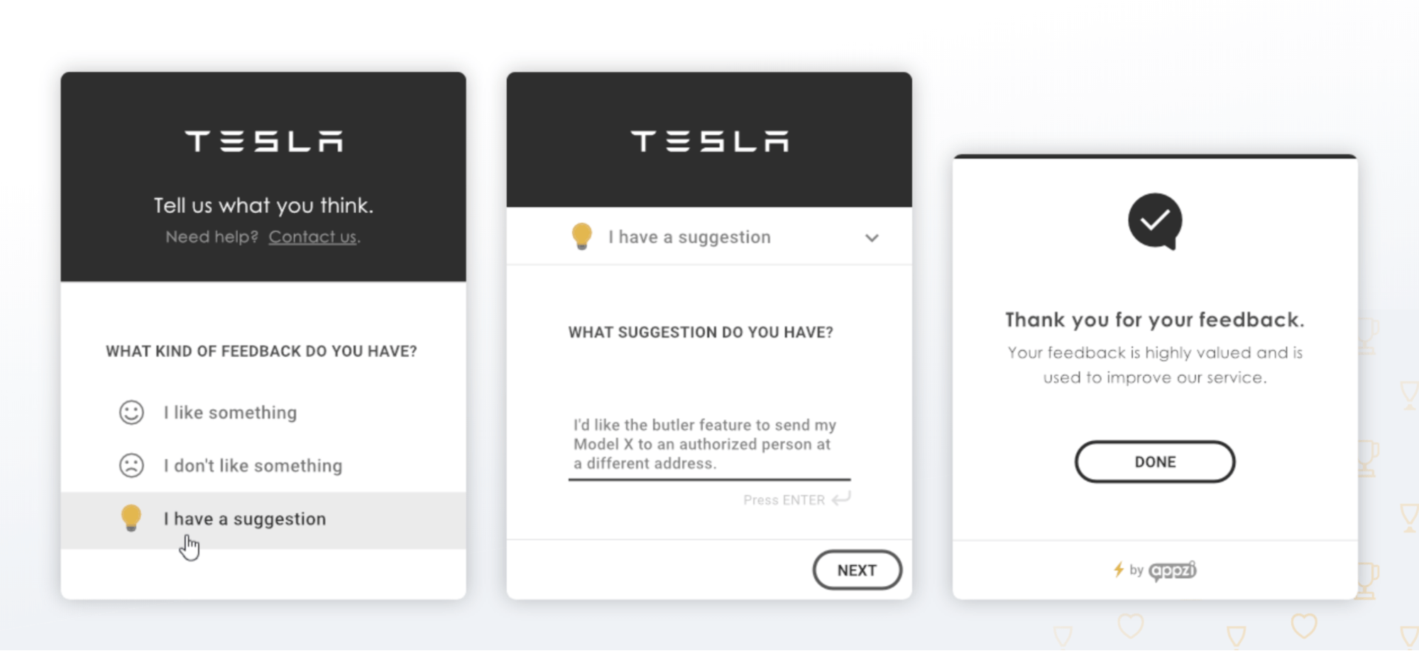 user feedback examples, tesla website widgets